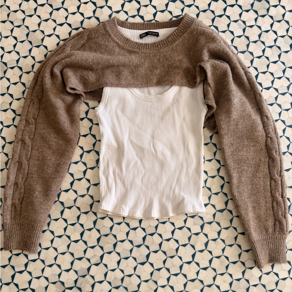 Zara layered Women's cable knit crop Sweater Brown and White tank top